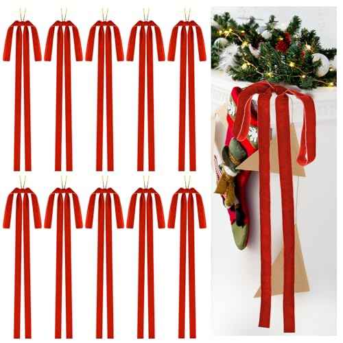 Draupnir 10 Pcs Long Velvet Bows Ornaments, Velvet Christmas Swag Bow for Christmas Tree Garland Swag Staircase Wreath, Large Bow for Christmas Indoor Outdoor Decoration(23.62x15.75 inch)
