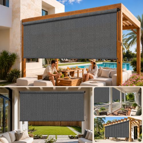 Solace Shade 8' x 8' Grey Outdoor Cordless Roller Shade Sunblock Privacy Screen