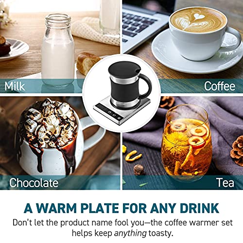Cosori Silver & Black Coffee Mug Warmer & Mug Set - Precise 1°F Temperature Control