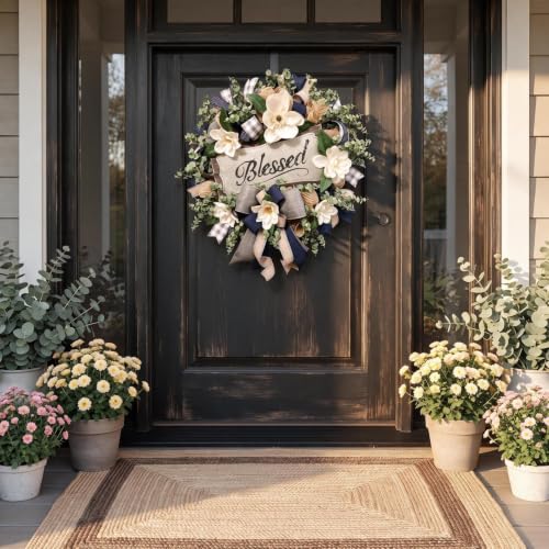Farmhouse White Floral Wreath for Front Door & Porch Décor, 22in Spring Summer Decor