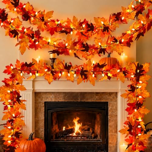 9Ft 2-Pack LED Maple Leaf Garland with Timer & 8 Modes - Fall Decorations