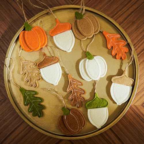DN DECONATION 12PCS Fall Tree Decorations Felt Ornaments, Felt Pinecones Leaves Mini Pumpkins Ornament Set for Small Tree Thanksgiving Harvest Autumn Fall Hanging Decor