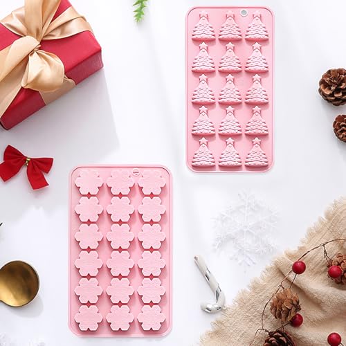 Pink Christmas Silicone Candy Molds 4-Pack Snowflake & Tree Design QY250