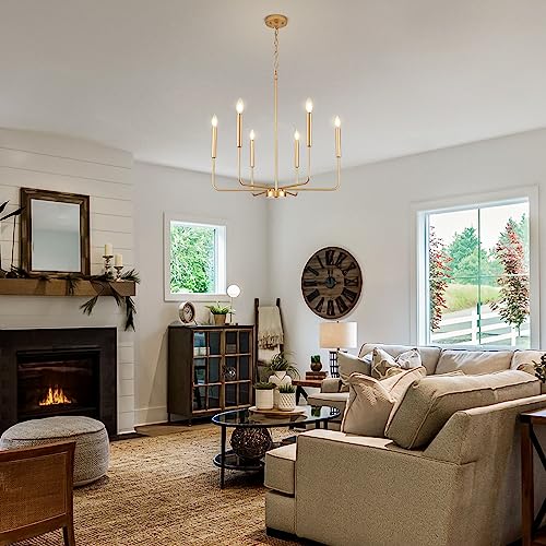 Gold 6-Light Candle Chandelier for Dining Room Farmhouse Pendant Light Fixture - Adjustable Height