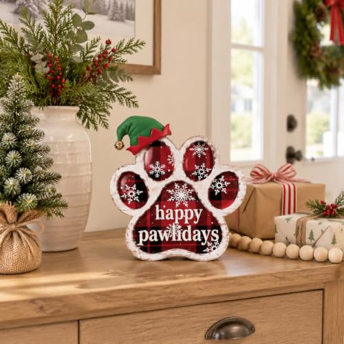 Memorywuu 2 Pcs Christmas Paw Print Table Decor Set - Buffalo Plaid Snowflake Variant