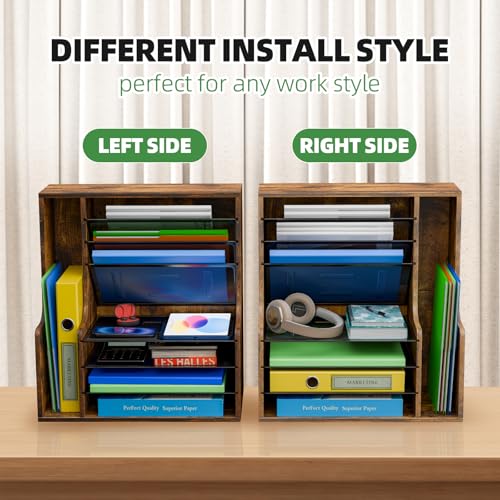 Simple Trending 7-Tier Wooden Desk File Organizer with Side File Holder - Rustic Brown