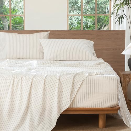 MooMee Wide Stripes Queen Sheet Set - White & Linen Grey 100% Washed Cotton