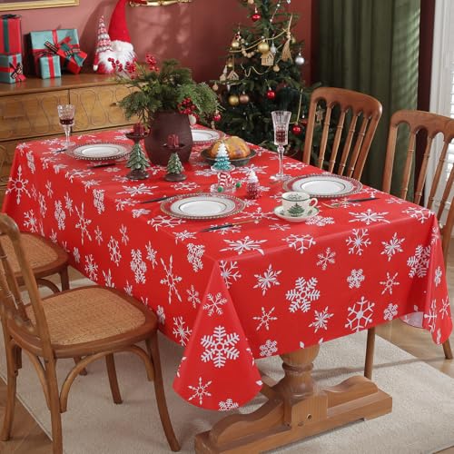 Honellaty Christmas Table Cloth for Rectangle Tables, White Snowflake Print Wipe Clean Vinyl Tablecloth, Red Waterproof PVC Plastic Table Cover for Indoor, Outdoor, Holiday Party Use 60 x 120 Inches