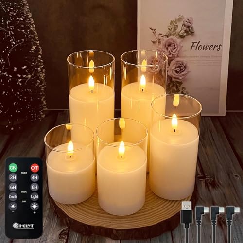 White Glass-Droplet Rechargeable Flameless Candles Set of 5 - Flickering LED Realistic Tea Lights for Home Decor