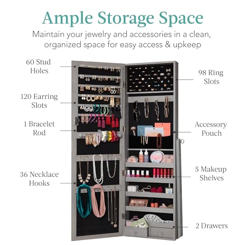 Gray Oak Jewelry Armoire Cabinet with Mirror, Lockable Makeup Storage & 5 Shelves