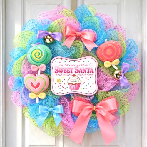 Pastel Candy Christmas Wreath with Lollipops and Bells - 15.7 Inch Holiday Door Decor