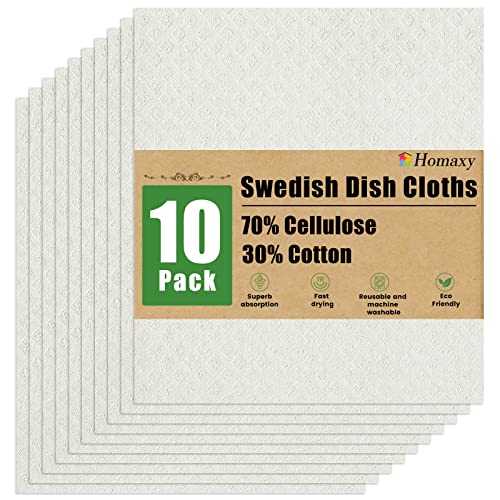 Homaxy Swedish Dishcloths for Kitchen, 10 Pack Reusable and Washable Cellulose Sponge Cloths Dish Towels, Absorbent and No Odor Paper Towels for Dishes ＆ Counters, White