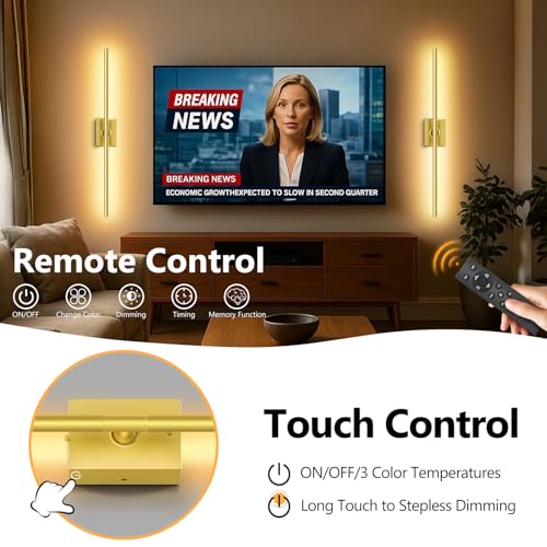 Eneru Wireless LED Wall Sconces Set of 2 - Gold Rechargeable Battery Operated