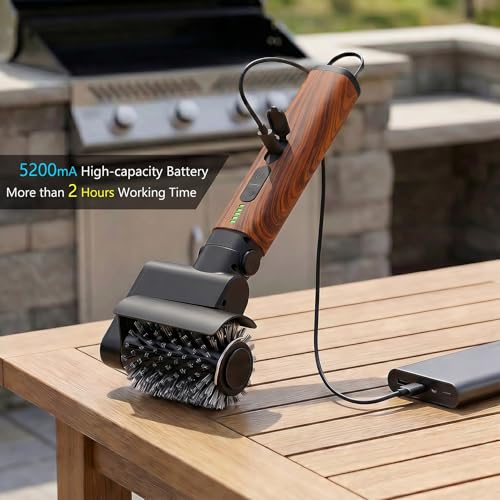 Electric Grill Brush 3-in-1 Kit with Red Wood Coating – Cordless BBQ Cleaner, Safe Metal Bristles, Waterproof & Dishwasher Safe