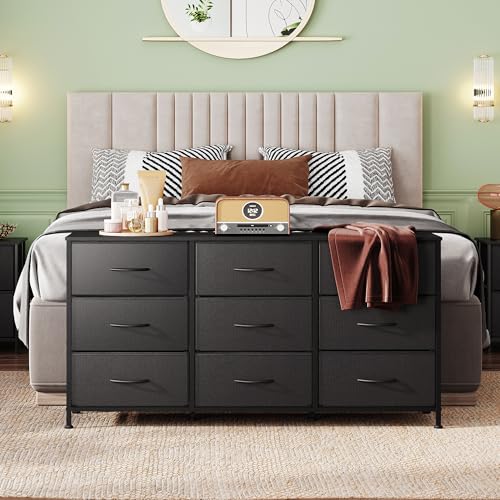 WLIVE Black 55 Inch TV Dresser with 9 Detachable Fabric Drawers Bedroom Storage