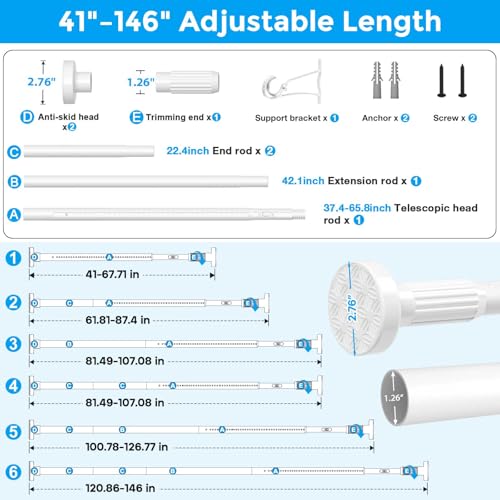 41-146 Inch Heavy Duty Tension Curtain Rod Set - White, One-Click Extension