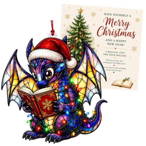 Joyline Christmas Dragon Ornament with Santa Hat - Acrylic Hanging Decor, Book Lover Gift
