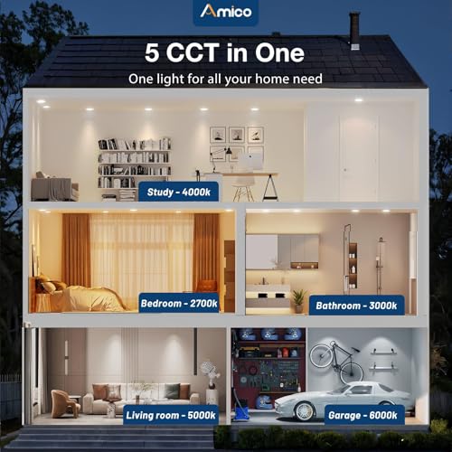 Amico 12 Pack 5/6 Inch Dimmable LED Disk Lights - White, 5 Color Temps, Flush Mount Ceiling