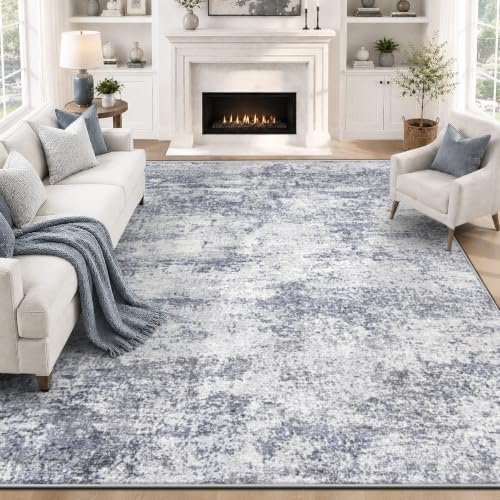 Blue Grey 8x10 Washable Abstract Area Rug for Living Room - Non Slip