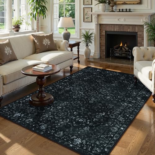 Hedlive Vintage Black Rug for Bedroom, Non Slip Washable Area Rugs