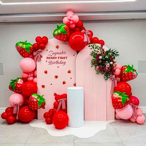 8PCS Gaint Strawberry Balloon Kit, Reusable Cute Strawberry Aluminum Foil Balloons with Straw and Ribbon, For Berry Sweet Birthday Party Decoration Weddings Baby Shower Supplies