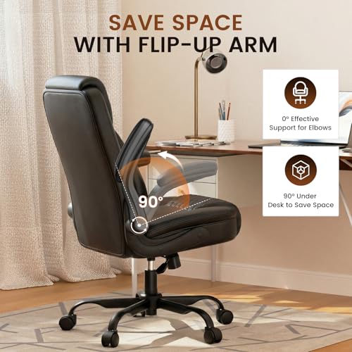 GTPLAYER Charcoal Black PU Leather Office Chair with Flip-up Arms, Ergonomic Home Desk Chair
