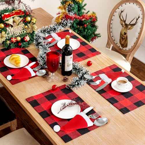 tonhui 20PCS Christmas Santa Hats Silverware Holders 6.5 x 3.3 Inch, Mini Santa Hat Tableware Decoration Christmas Party Dinner Table Flatware Decor