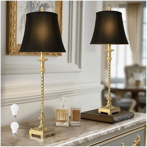 33-Inch Vintage Table Lamp Set of 2 - Gold Leaf Finish with Black Linen Shades — Elegant European Style for Living Room Bedroom