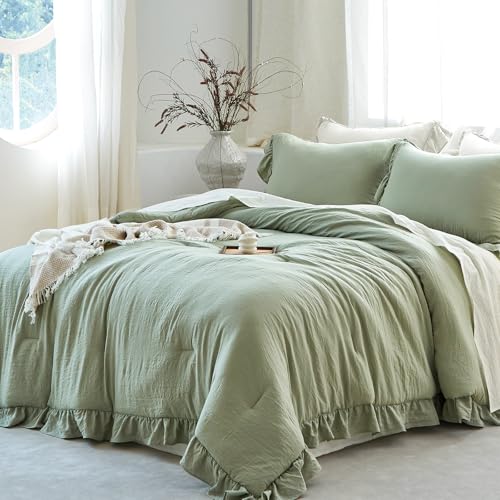 Sage Green Ruffle Comforter Set - Queen Bedding with 2 Shams - Soft & All-Season