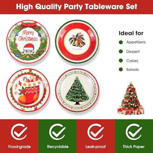 48Pcs Christmas Paper Plates 7 Inch, Xmas Tree Santa Christmas Party Plates Disposable Dessert Plates Dinner Plates for Winter Birthday Christmas Party Decorations