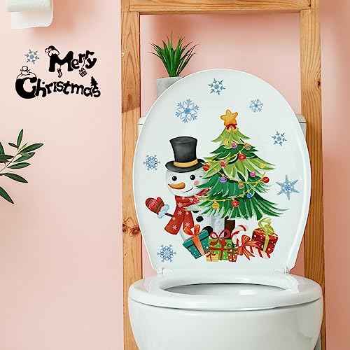 2 PCS Christmas Toilet Stickers Decals, Funny Snowman Xmas Tree Toilet Lid Tank Decals for Bathroom Decoration