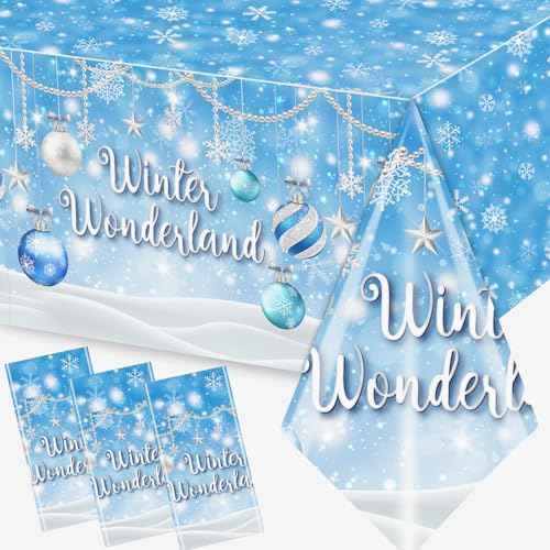 Winter Wonderland Tablecloth Blue Snowflake Winter Party Decorations Winter Wonderland Christmas Lights Snow Disposable Plastic Table Cover for Winter Wonderland Baby Shower Birthday Party Supplies
