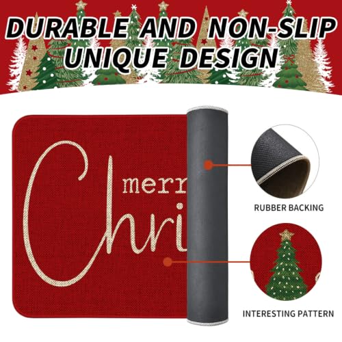 Christmas Tree Kitchen Mat Set of 2, Red - Non-Slip Linen Rugs for Indoor/Outdoor, 17x47 Runner + 17x30 Door Mat (Variation: Christmas Tree-red)