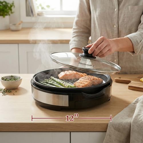 12-Inch Indoor Electric BBQ Grill, Non-Stick Surface, Adjustable Thermostat