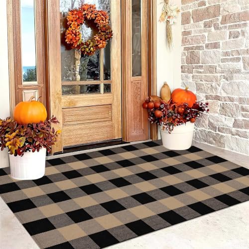 Khaki Black Buffalo Plaid Outdoor Rug 3'x5' Farmhouse Door Mat - Washable, Durable Welcome Mat