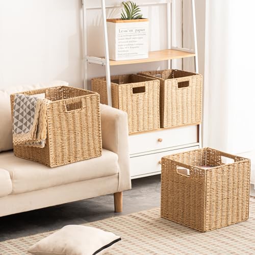 Set of 4 Foldable Storage Baskets with Handles - 11 x 11 x 11 Inches Natural Paper Rope Woven Cubes