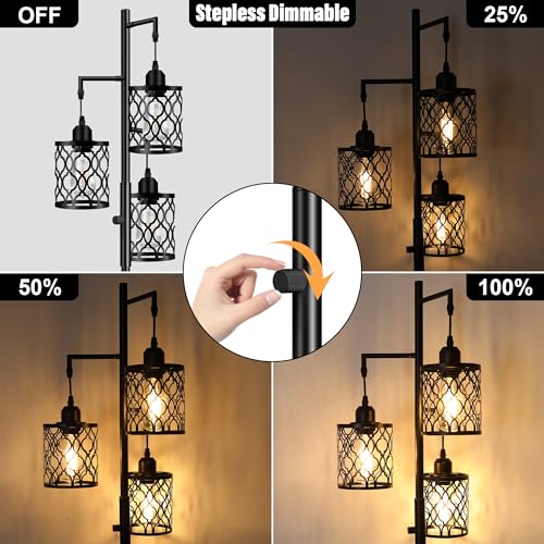 Dimmable Farmhouse Floor Lamp with 3 LED Bulbs - Rustic Industrial Standing Light, Black, 68 Inches