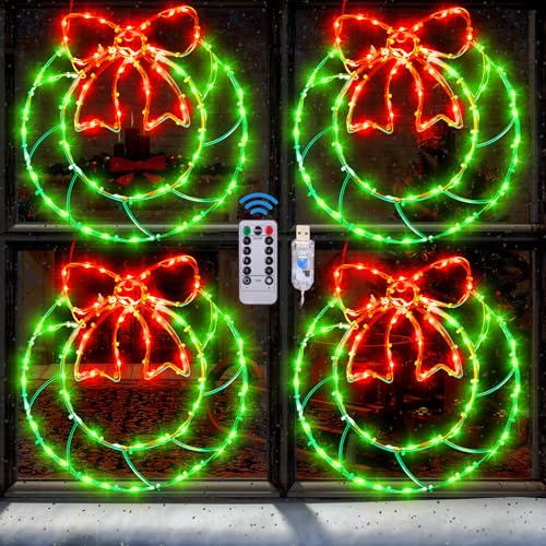 Glooglitter 4 Pcs Christmas Window Silhouette Lights with Bow, 80 LED USB Decor