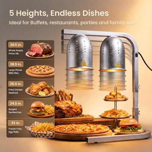Silver Food Heat Lamp - Commercial Grade 2-Bulb Warmer with Adjustable Stand