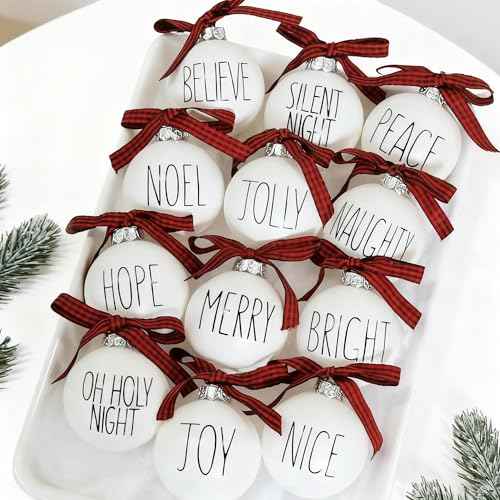 Christmas Decoration, 2.4 Inch 12PCS Farmhouse White Christmas Ornament with Buffalo Plaid Bows, Christmas Tree Decor, Set