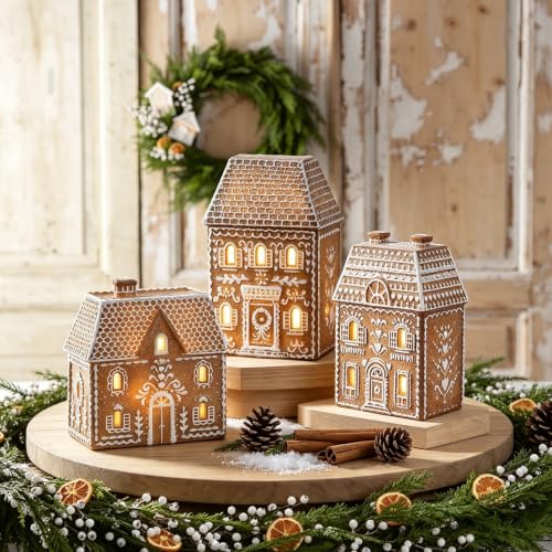 Cynkeyee Gingerbread House 6.5-inch Resin Figurine with Single Chimney - Lighted Xmas Village Cottage