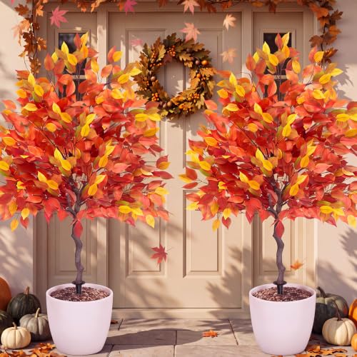 2 Pack 4ft Faux Fall Trees with Spikes - Outdoor Autumn Topiary Decor
