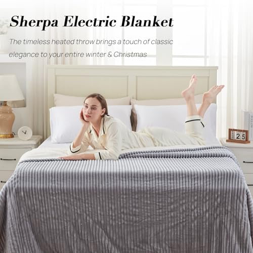 Westinghouse Full Heated Blanket 72x84 Inch Flannel Sherpa Light Grey