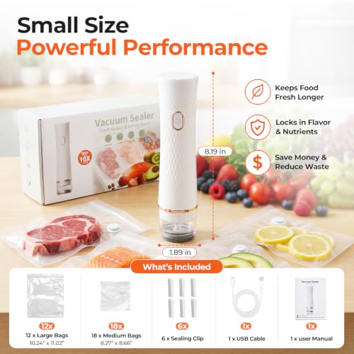 Handheld Food Vacuum Sealer with 30 Reusable Bags - Compact & Rechargeable
