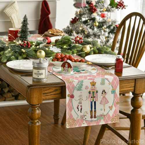 Artoid Mode Pink Diamond Plaid Nutcracker Snowflake Christmas Table Runner, Seasonal Winter Kitchen Dining Table Decoration for Home Party Decor 13x72 Inch