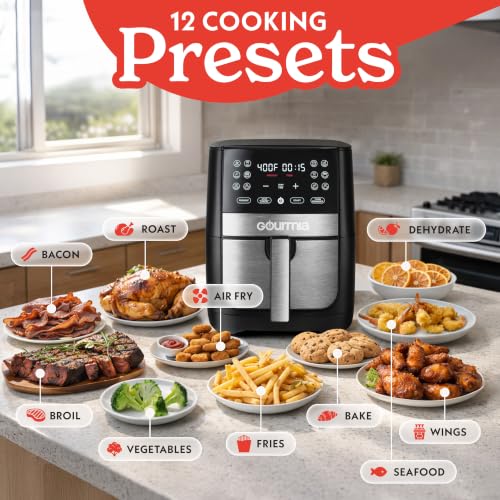 Gourmia 8 Qt Air Fryer with 12 Presets, Stainless Steel, Touchscreen
