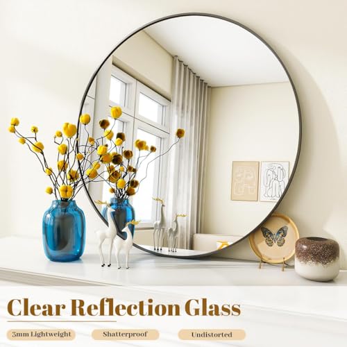 VooBang 30-Inch Black Round Bathroom Mirror with Thin Metal Frame Wall Mount