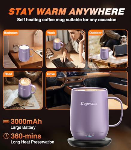 Kepwam Self Heating Coffee Mug T2, 16oz Smart Heated Coffee Mug, 150 Min Battery Life - Hot up to 149℉ Temperature Control Coffee Mug Warmer, Gifts for Dad Mom (No APP)