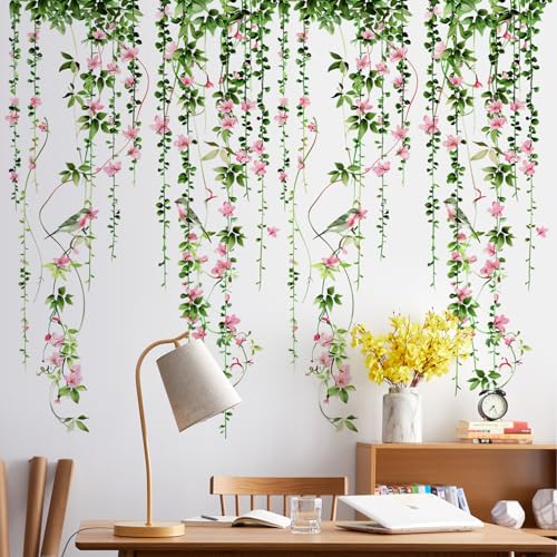 4 Sheets Hanging Vines with Flowers Wall Decals Green Plant Leaves Wall Stickers Pink Cherry Blossom Vine Wall Art Hanging Flower Tree Branches Bird Wall Murals for Kids Bedroom Nursery Decoration 20