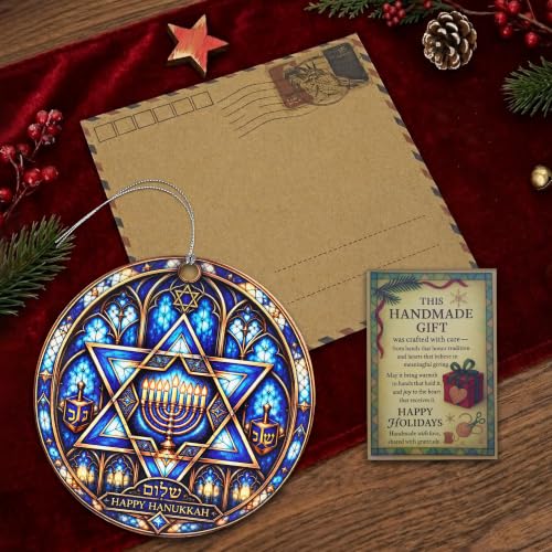 NELXI HappyHanukkahOrnament: Stained Glass Round Blue & Gold Acrylic Ornament - 4in